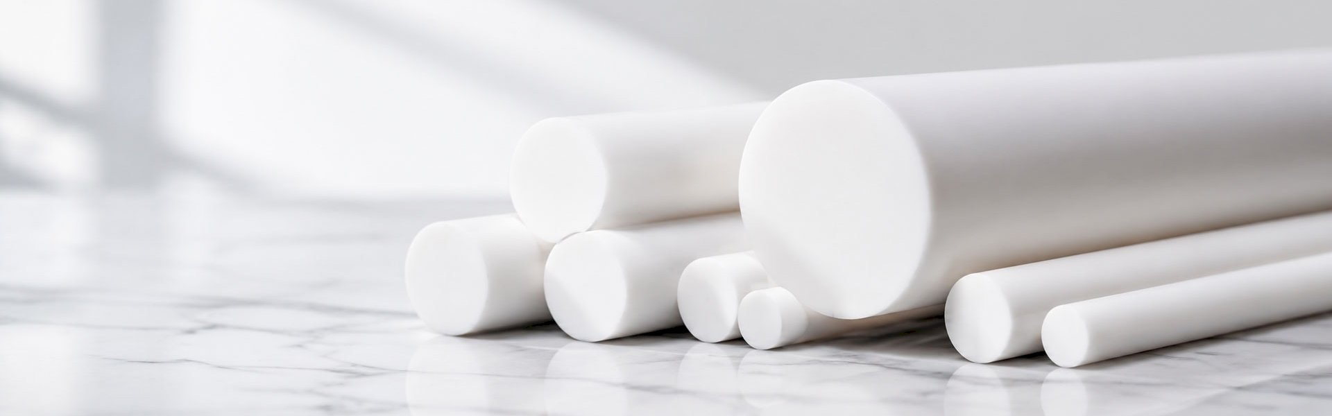 White plastic rod stock in various diameters on marble counter