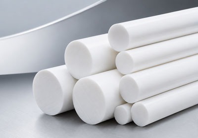 Stacked white industrial plastic rods in different sizes